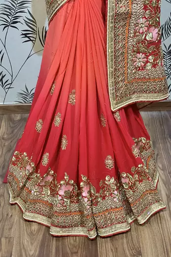 Pure georgette party wear saree in red with embroidery work & crystal stone work