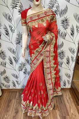 Pure georgette party wear saree in red with embroidery work & crystal stone work 1
