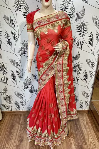 Pure georgette party wear saree in red with embroidery work & crystal stone work