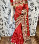 Pure georgette party wear saree in red with embroidery work & crystal stone work