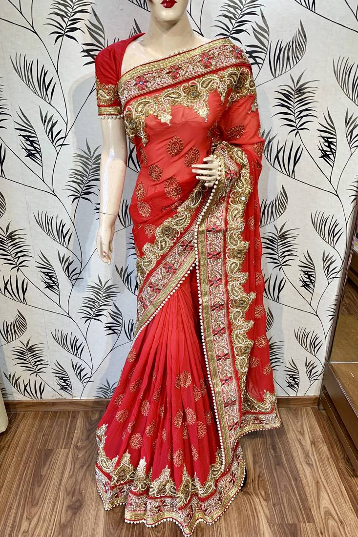 Pure georgette party wear saree in red with embroidery work & crystal stone work