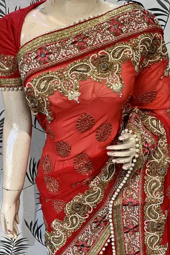 Pure georgette party wear saree in red with embroidery work & crystal stone work