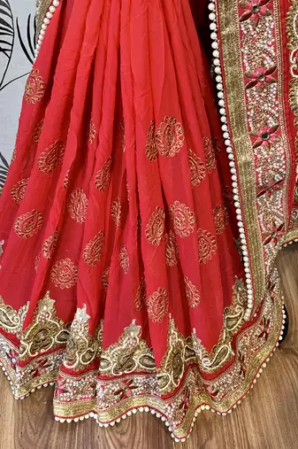 Pure georgette party wear saree in red with embroidery work & crystal stone work