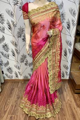 Pure chiffon wedding wear saree in pink with embroidery work & crystal stone work 1