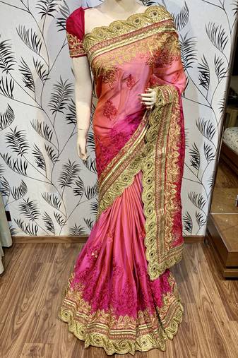 Pure chiffon wedding wear saree in pink with embroidery work & crystal stone work