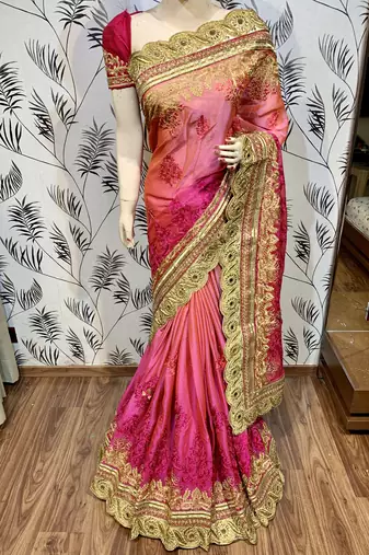 Pure chiffon wedding wear saree in pink with embroidery work & crystal stone work