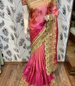 Pure chiffon wedding wear saree in pink with embroidery work & crystal stone work