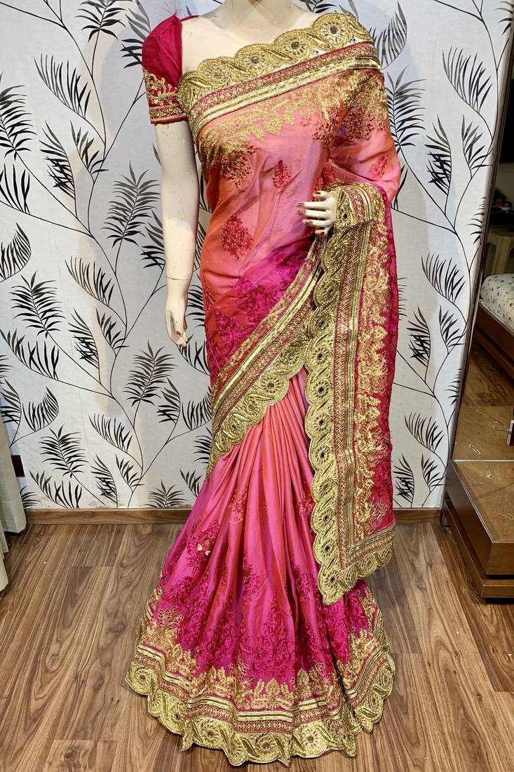 Pure chiffon wedding wear saree in pink with embroidery work & crystal stone work