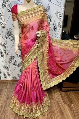 Pure chiffon wedding wear saree in pink with embroidery work & crystal stone work 2