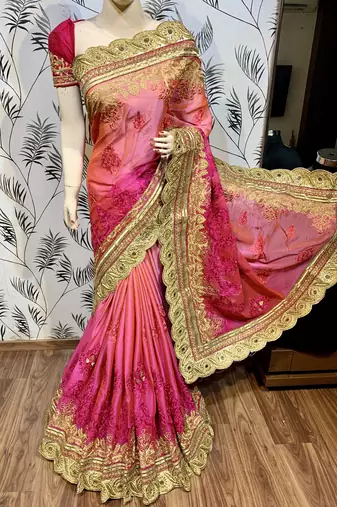 Pure chiffon wedding wear saree in pink with embroidery work & crystal stone work