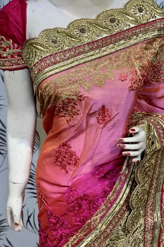 Pure chiffon wedding wear saree in pink with embroidery work & crystal stone work