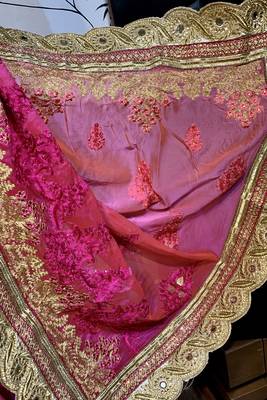 Pure chiffon wedding wear saree in pink with embroidery work & crystal stone work 4