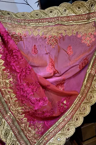 Pure chiffon wedding wear saree in pink with embroidery work & crystal stone work