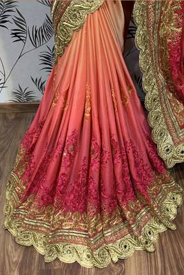 Pure chiffon wedding wear saree in orange with embroidery work & crystal stone work 3