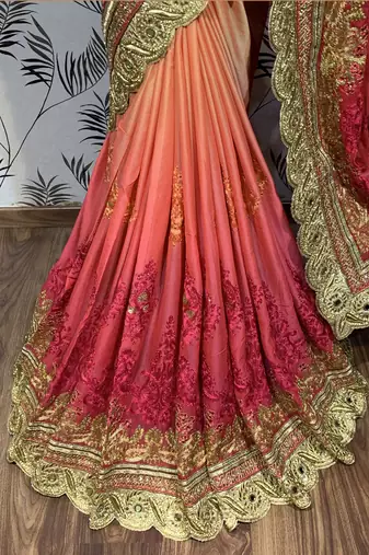 Pure chiffon wedding wear saree in orange with embroidery work & crystal stone work