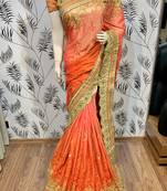 Pure chiffon wedding wear saree in orange with embroidery work & crystal stone work