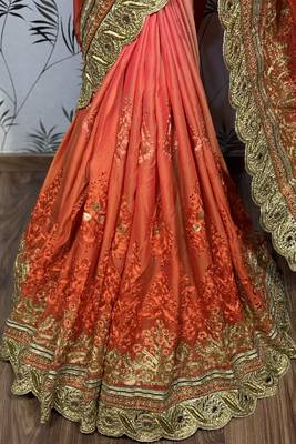 Pure chiffon wedding wear saree in orange with embroidery work & crystal stone work 4