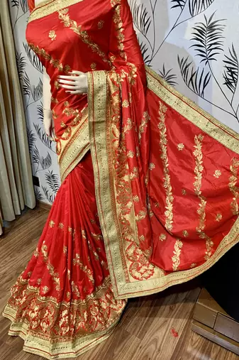 Pure silk party wear saree in red with embroidery & crystal stone work