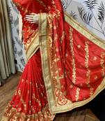 Pure silk party wear saree in red with embroidery & crystal stone work