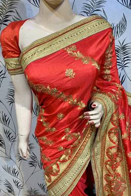 Pure silk party wear saree in red with embroidery & crystal stone work 2