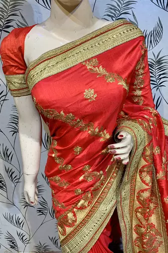 Pure silk party wear saree in red with embroidery & crystal stone work