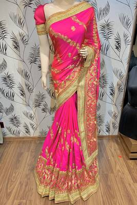 Pure silk party wear saree in pink with embroidery & crystal stone work 1