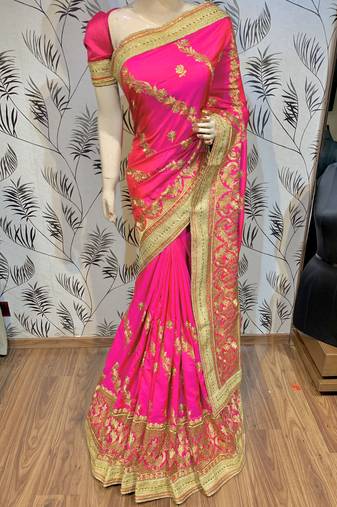 Pure silk party wear saree in pink with embroidery & crystal stone work