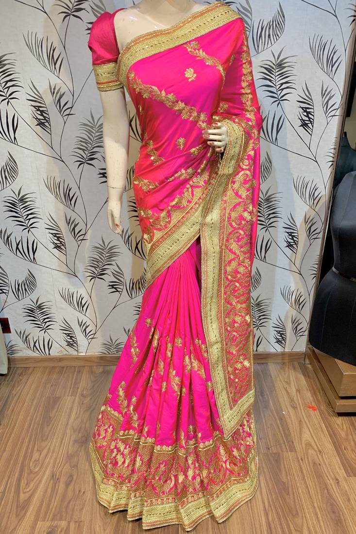 Pure silk party wear saree in pink with embroidery & crystal stone work