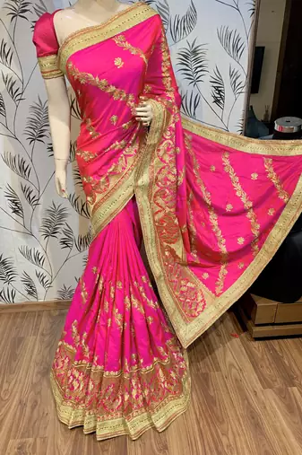 Pure silk party wear saree in pink with embroidery & crystal stone work