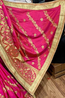 Pure silk party wear saree in pink with embroidery & crystal stone work 4