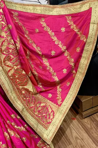 Pure silk party wear saree in pink with embroidery & crystal stone work