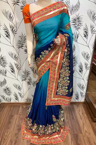 Heritage silk wedding wear saree in blue color with embroidery work & crystal stone work