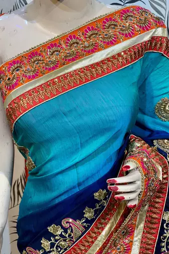 Heritage silk wedding wear saree in blue color with embroidery work & crystal stone work