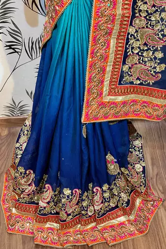 Heritage silk wedding wear saree in blue color with embroidery work & crystal stone work