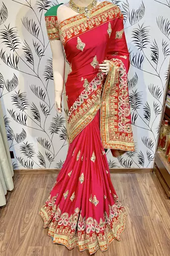 Chinon chiffon wedding wear saree in pink with embroidery work & crystal stone work