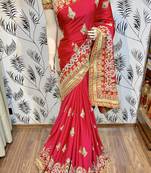 Chinon chiffon wedding wear saree in pink with embroidery work & crystal stone work