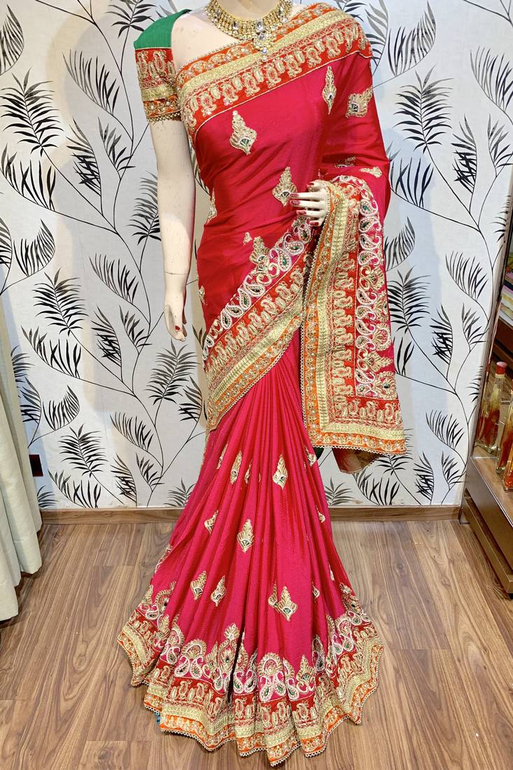 Chinon chiffon wedding wear saree in pink with embroidery work & crystal stone work