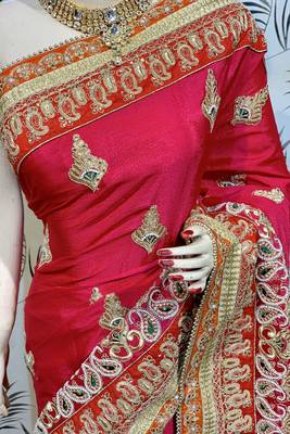 Chinon chiffon wedding wear saree in pink with embroidery work & crystal stone work 2