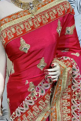 Chinon chiffon wedding wear saree in pink with embroidery work & crystal stone work