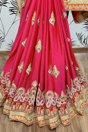 Chinon chiffon wedding wear saree in pink with embroidery work & crystal stone work