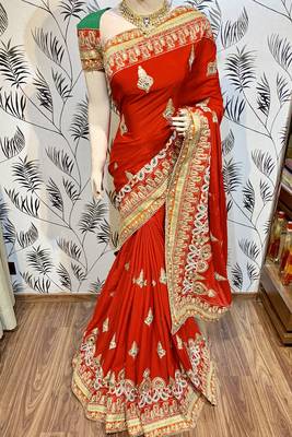 Chinon chiffon wedding wear saree in red with embroidery work & crystal stone work 1