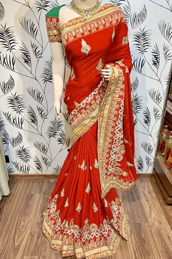 Chinon chiffon wedding wear saree in red with embroidery work & crystal stone work
