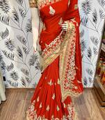Chinon chiffon wedding wear saree in red with embroidery work & crystal stone work