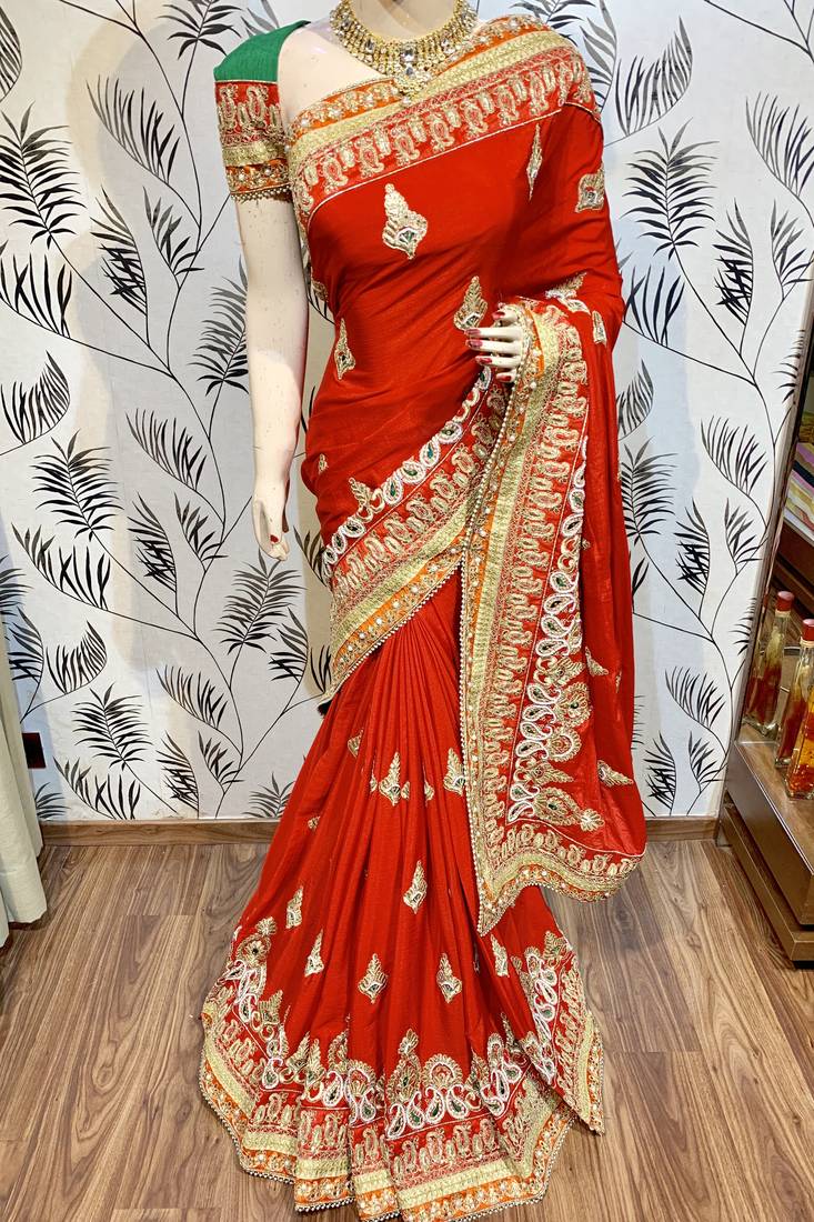 Chinon chiffon wedding wear saree in red with embroidery work & crystal stone work