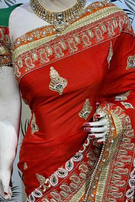 Chinon chiffon wedding wear saree in red with embroidery work & crystal stone work 2
