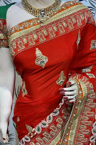 Chinon chiffon wedding wear saree in red with embroidery work & crystal stone work