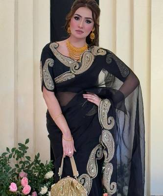 Black Color Zari And Sequence Embroidery Work Rangoli Silk Saree 1