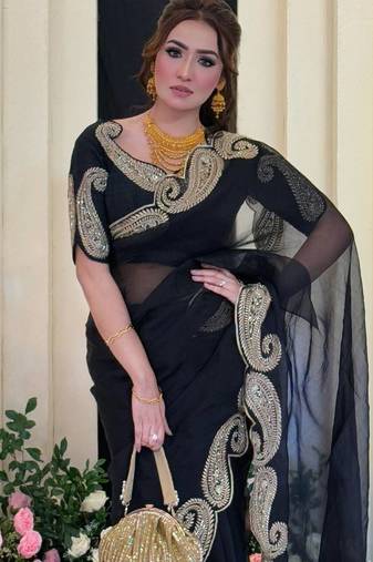 Black Color Zari And Sequence Embroidery Work Rangoli Silk Saree