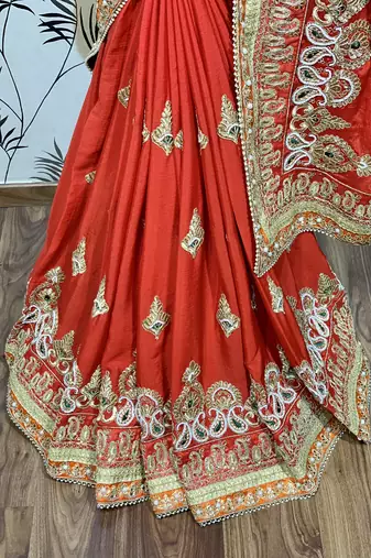 Chinon chiffon wedding wear saree in red with embroidery work & crystal stone work