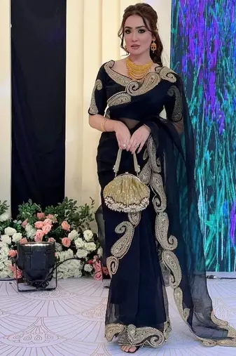 Black Color Zari And Sequence Embroidery Work Rangoli Silk Saree
